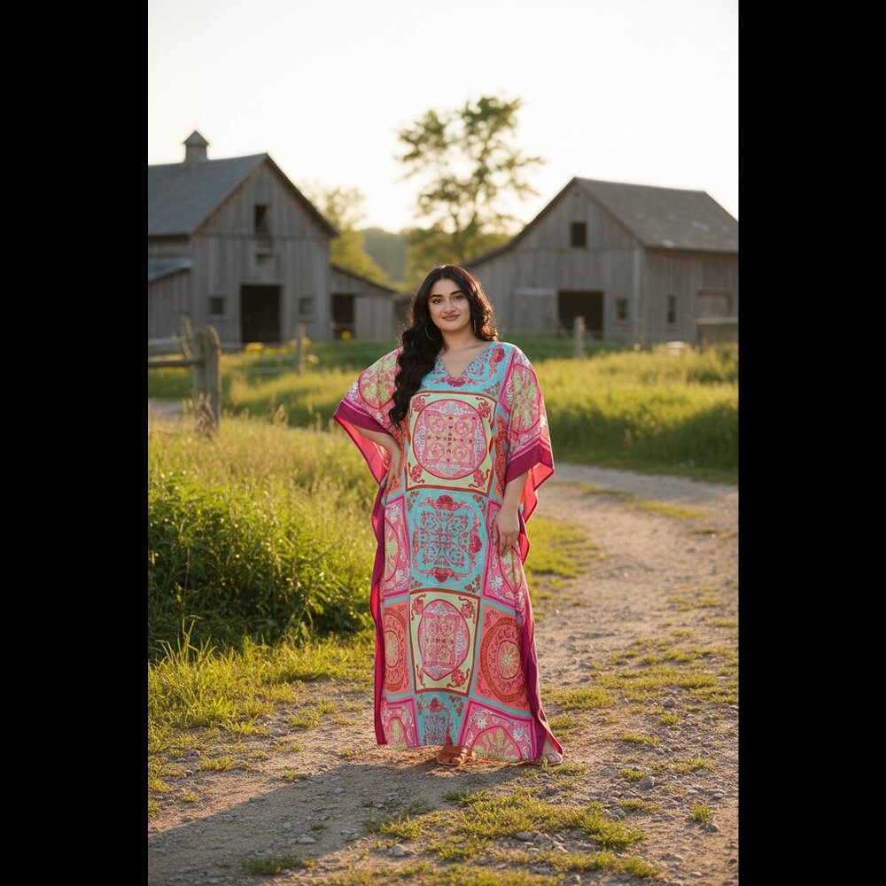 Plus Size Women Caftan Dress Pink Polyester Maxi Moo Moos Dresses for Party Wear